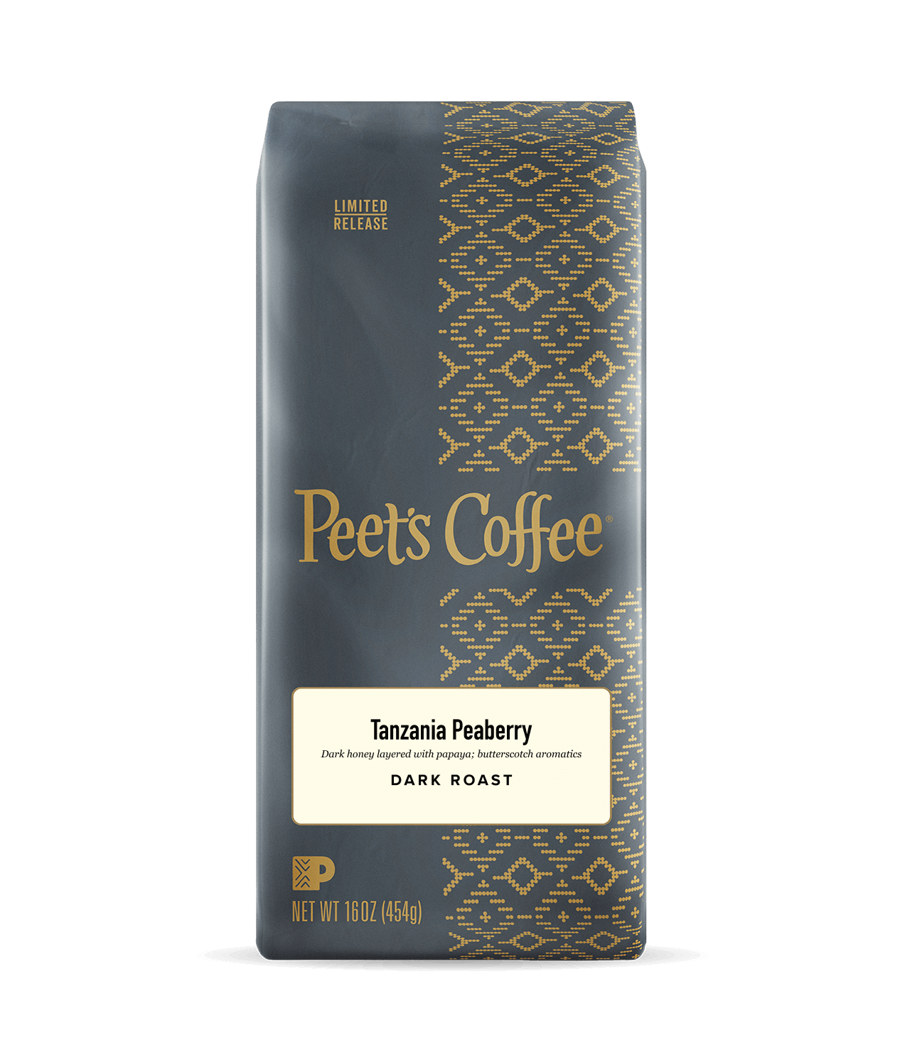 Peet's Coffee Tanzania Peaberry dark roast coffee package on a dark background